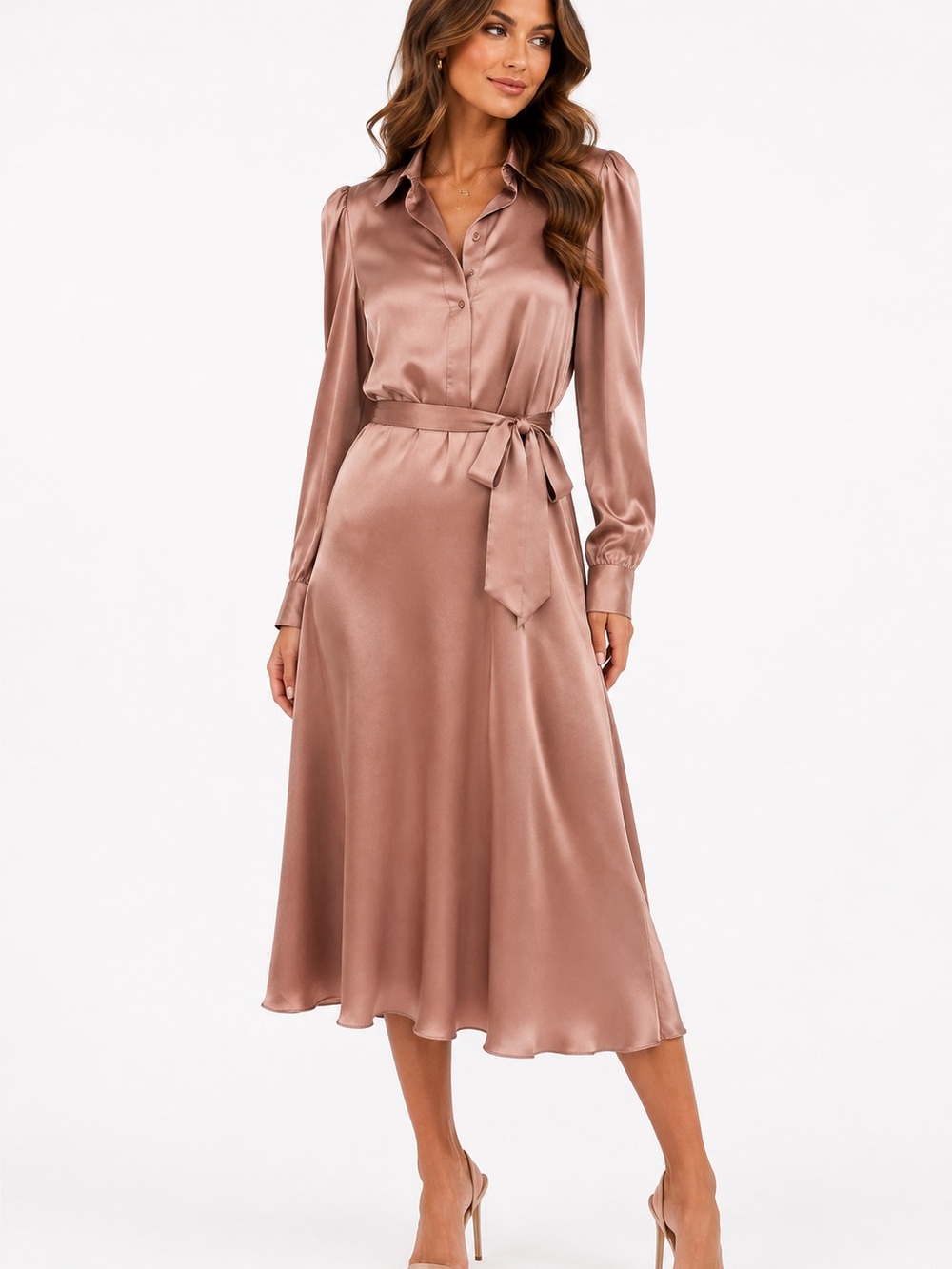 Antonio Melani Mateo Rosewood Satin Midi Shirt Dress Size 8 NWT